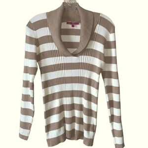 DEREK HEART |  Beige and White Striped Sweater Shawl Neck Ribbed Size XL